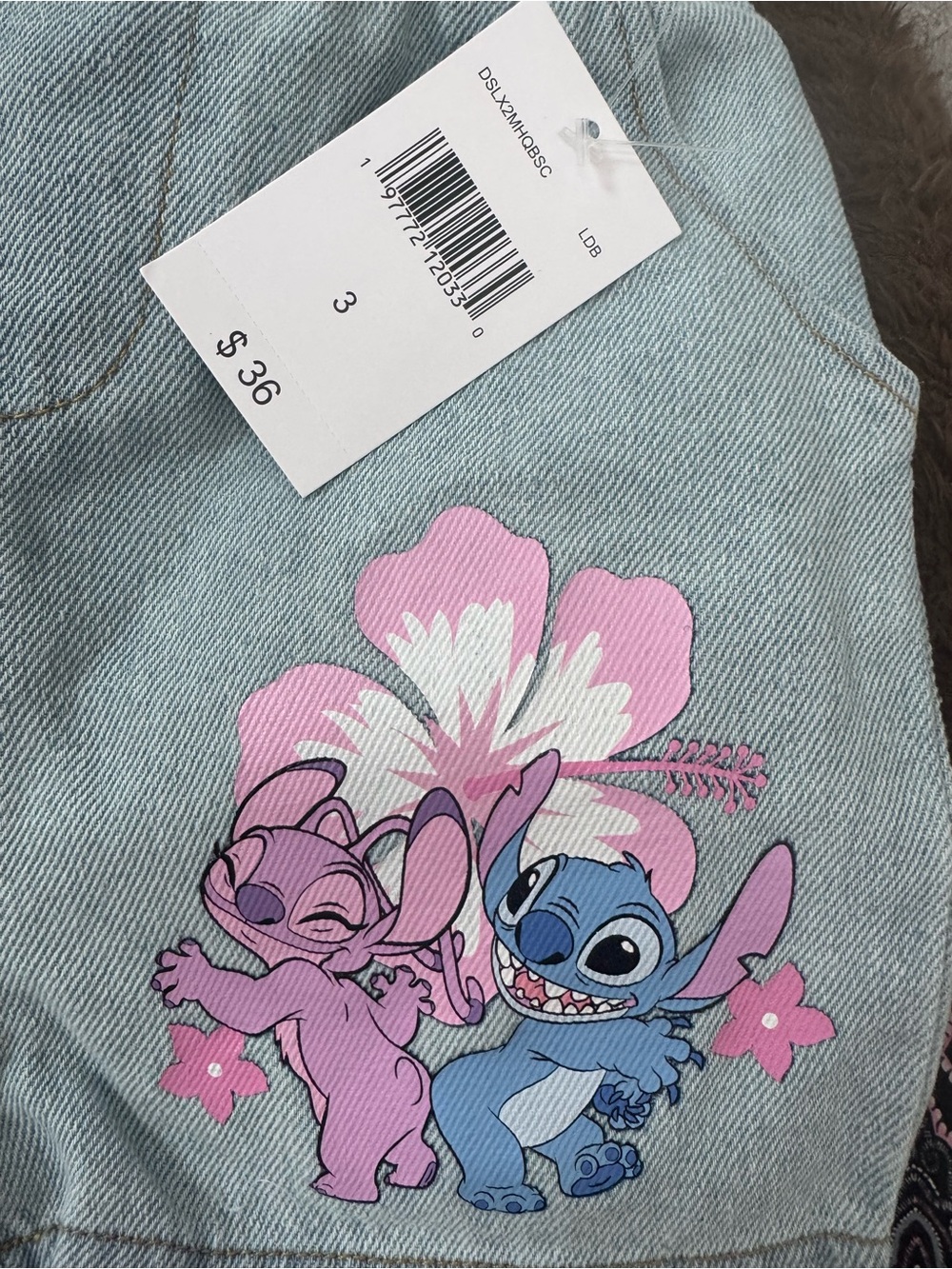 Cute Stitch & Angel Denim shirt in Light Blue with Pink Floral Print